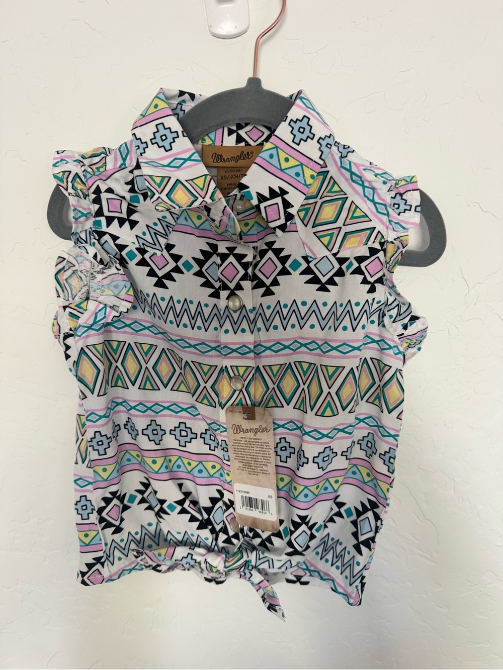 NWT Wrangler Girls' Multicolor Aztec-Print Tie-Front Sleeveless Top, size XS